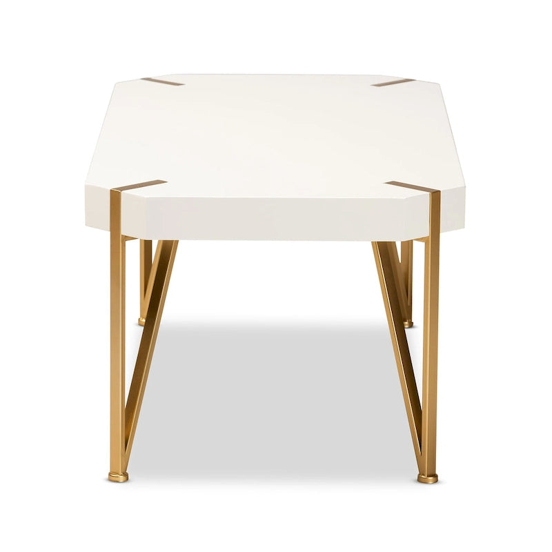 Table basse Glam en métal doré brossé et bois à finition blanche