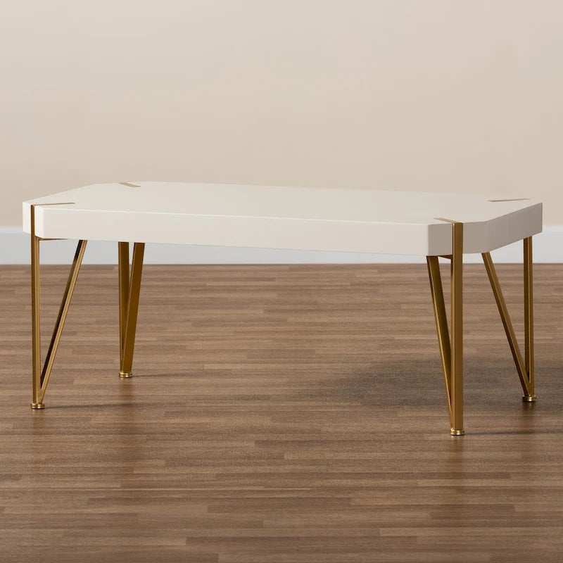 Table basse Glam en métal doré brossé et bois à finition blanche