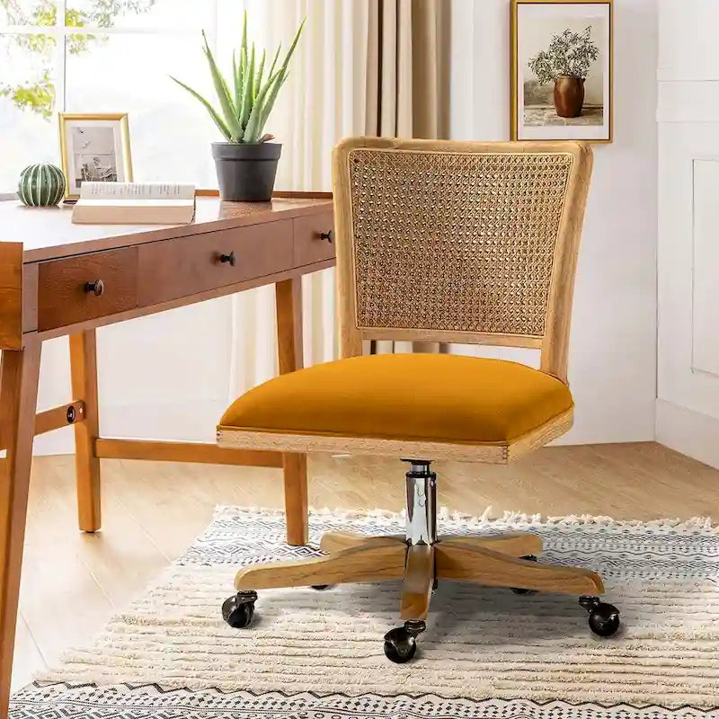 Chaise de bureau moderne Calcutta avec dossier en rotin et pieds en bois massif