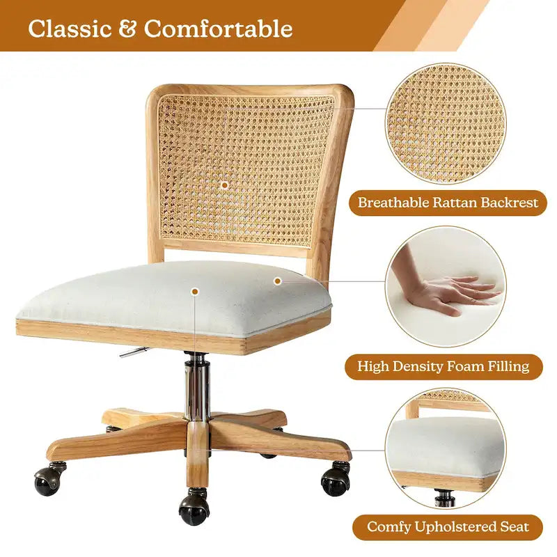 Chaise de bureau moderne Calcutta avec dossier en rotin et pieds en bois massif
