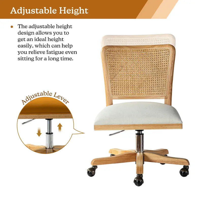 Chaise de bureau moderne Calcutta avec dossier en rotin et pieds en bois massif