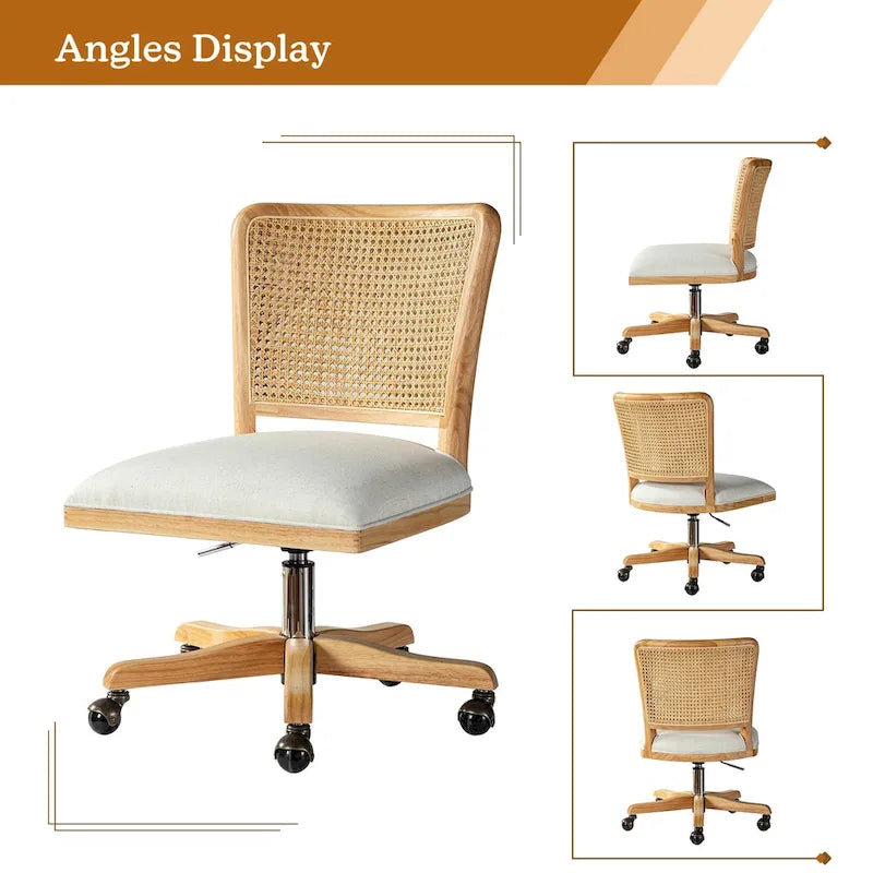 Chaise de bureau moderne Calcutta avec dossier en rotin et pieds en bois massif
