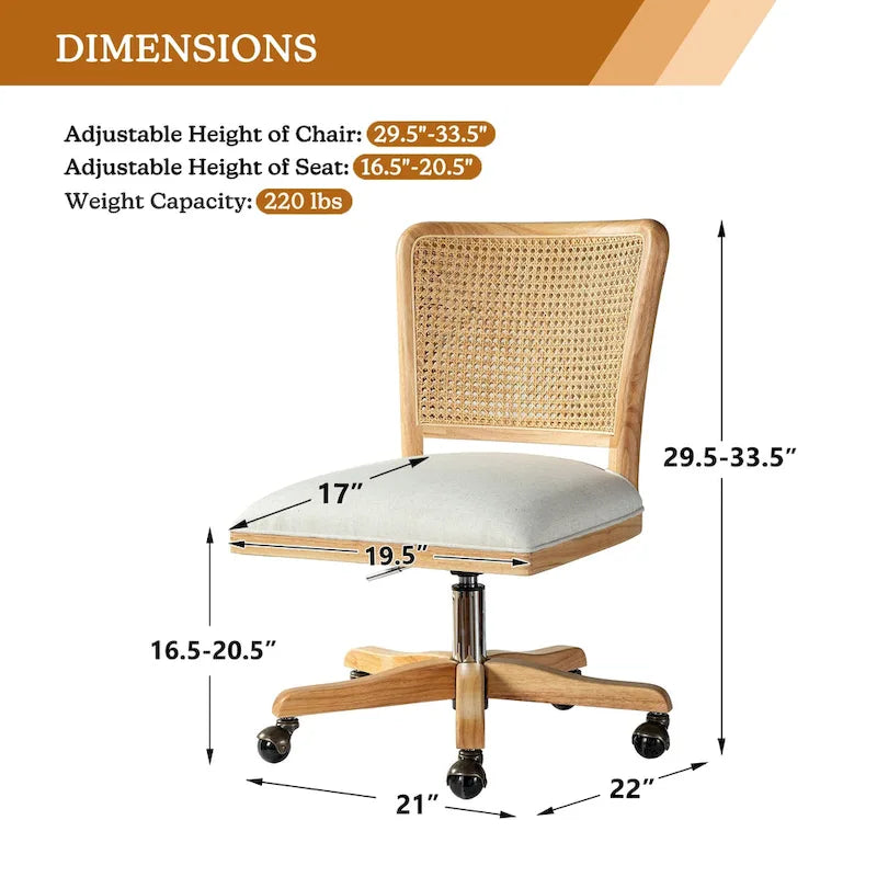 Chaise de bureau moderne Calcutta avec dossier en rotin et pieds en bois massif