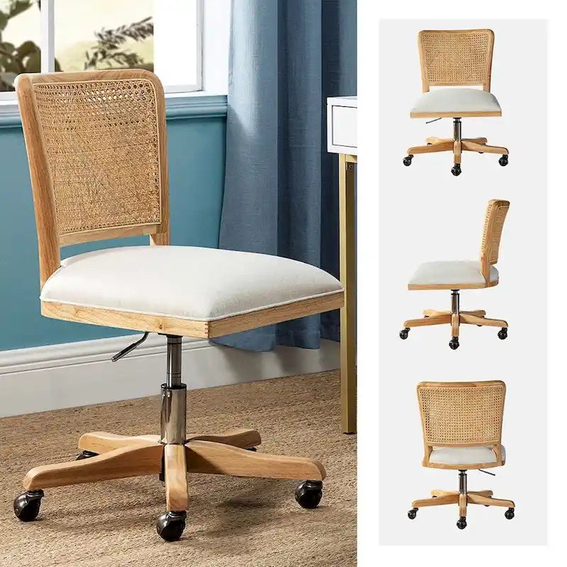 Chaise de bureau moderne Calcutta avec dossier en rotin et pieds en bois massif