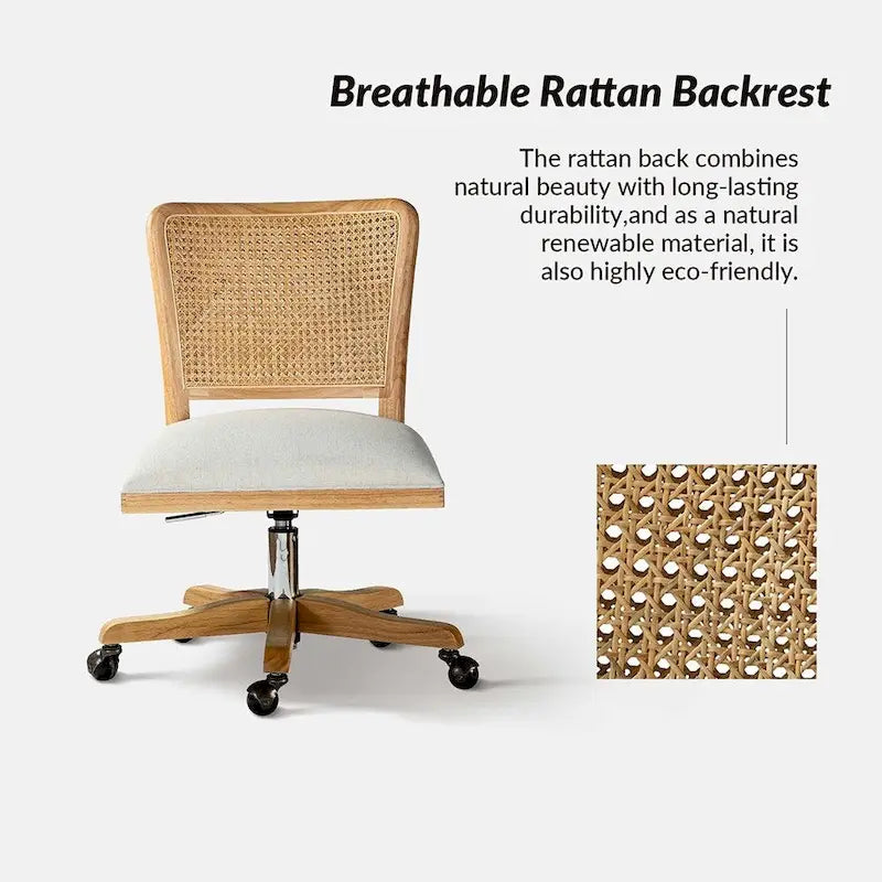 Chaise de bureau moderne Calcutta avec dossier en rotin et pieds en bois massif