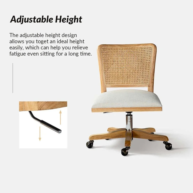 Chaise de bureau moderne Calcutta avec dossier en rotin et pieds en bois massif