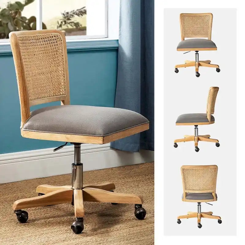 Chaise de bureau moderne Calcutta avec dossier en rotin et pieds en bois massif