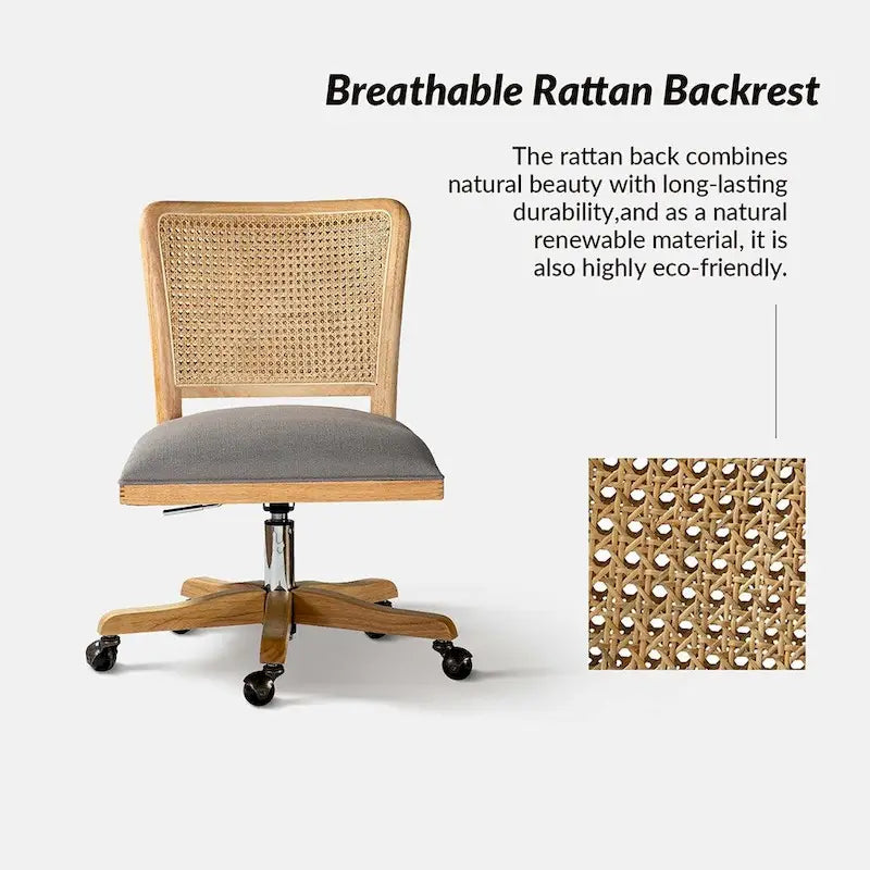 Chaise de bureau moderne Calcutta avec dossier en rotin et pieds en bois massif
