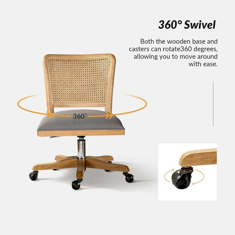 Chaise de bureau moderne Calcutta avec dossier en rotin et pieds en bois massif