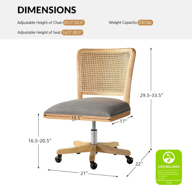 Chaise de bureau moderne Calcutta avec dossier en rotin et pieds en bois massif