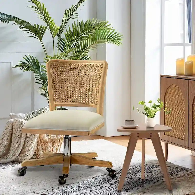 Chaise de bureau moderne Calcutta avec dossier en rotin et pieds en bois massif