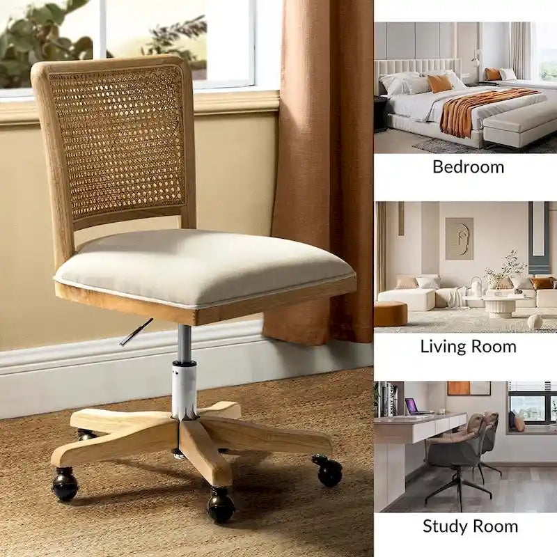 Chaise de bureau moderne Calcutta avec dossier en rotin et pieds en bois massif