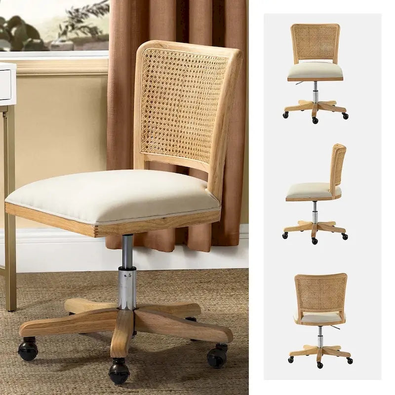 Chaise de bureau moderne Calcutta avec dossier en rotin et pieds en bois massif