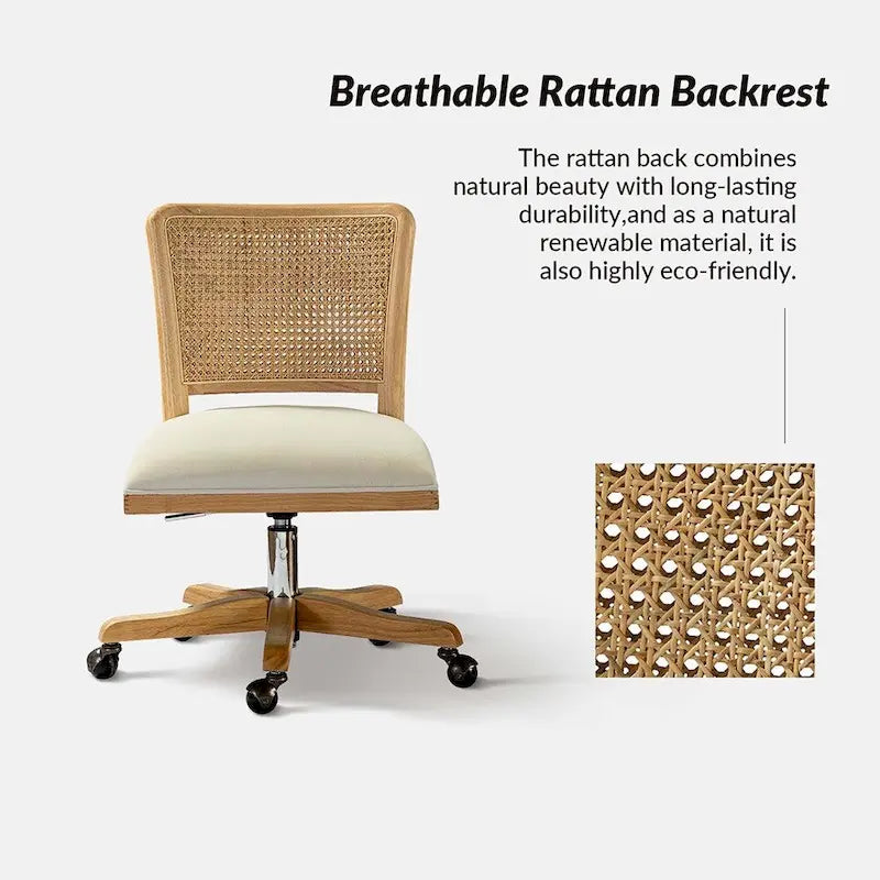 Chaise de bureau moderne Calcutta avec dossier en rotin et pieds en bois massif