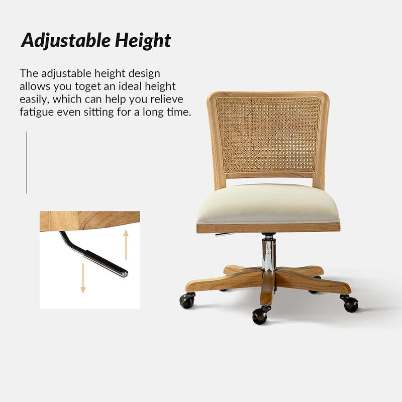 Chaise de bureau moderne Calcutta avec dossier en rotin et pieds en bois massif