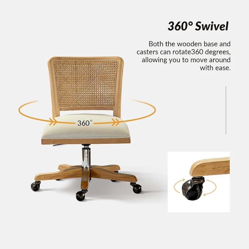 Chaise de bureau moderne Calcutta avec dossier en rotin et pieds en bois massif