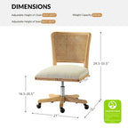 Chaise de bureau moderne Calcutta avec dossier en rotin et pieds en bois massif
