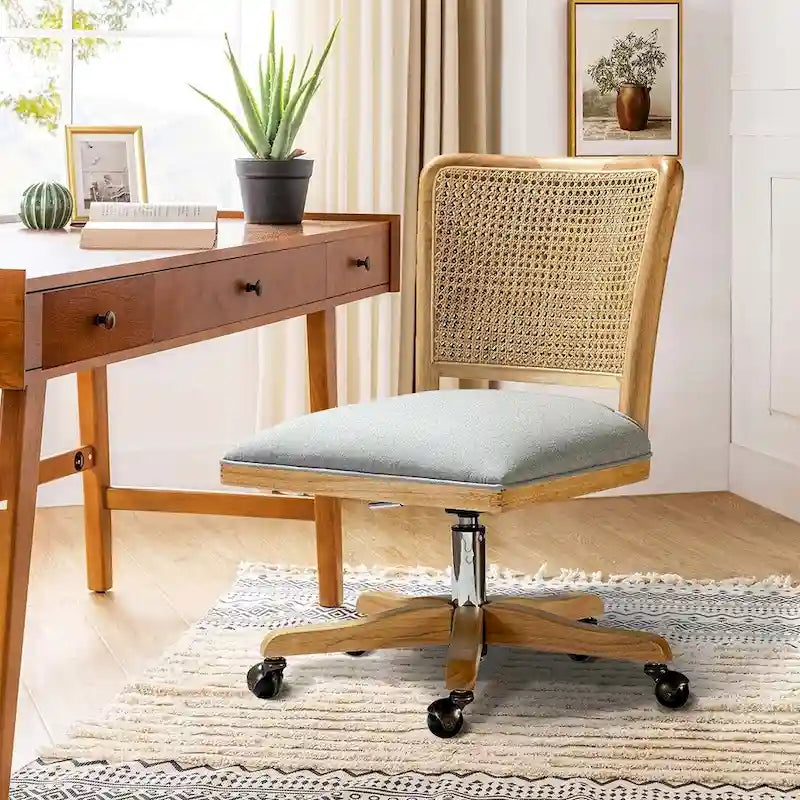 Chaise de bureau moderne Calcutta avec dossier en rotin et pieds en bois massif
