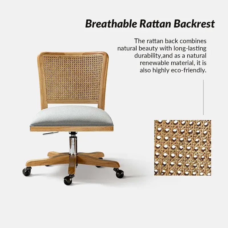 Chaise de bureau moderne Calcutta avec dossier en rotin et pieds en bois massif