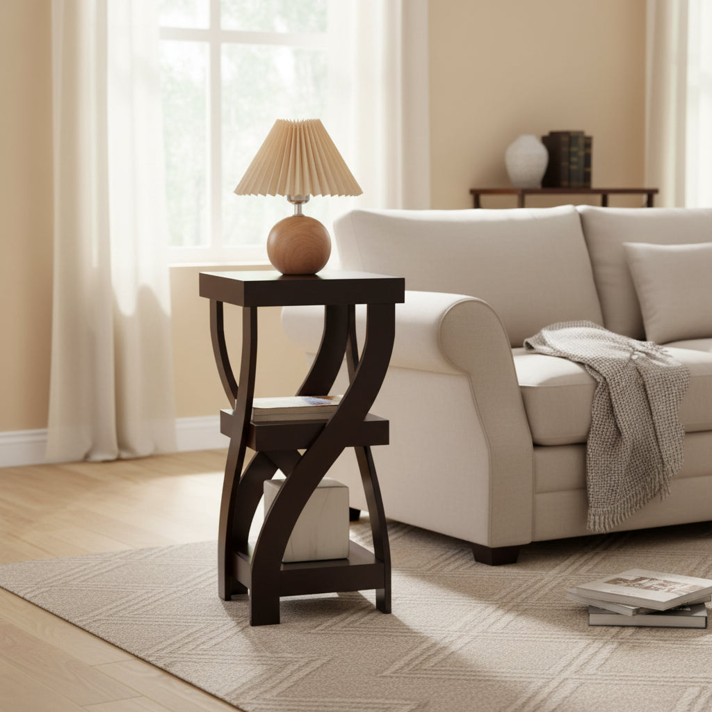 Table d'appoint avec pieds incurvés et étagères de rangement, Espresso