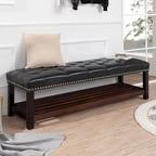 Banc rembourré avec base en bois pour chambre à coucher ou entrée, 152 cm avec clous décoratifs et étagère