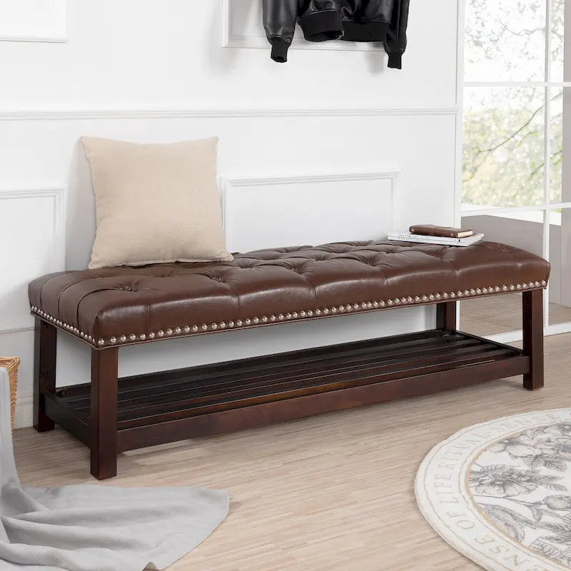 Banc rembourré avec base en bois pour chambre à coucher ou entrée, 152 cm avec clous décoratifs et étagère