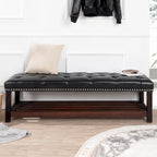 Banc rembourré avec base en bois pour chambre à coucher ou entrée, 152 cm avec clous décoratifs et étagère