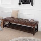 Banc rembourré avec base en bois pour chambre à coucher ou entrée, 152 cm avec clous décoratifs et étagère