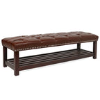 Banc rembourré avec base en bois pour chambre à coucher ou entrée, 152 cm avec clous décoratifs et étagère