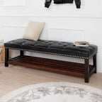 Banc rembourré avec base en bois pour chambre à coucher ou entrée, 152 cm avec clous décoratifs et étagère