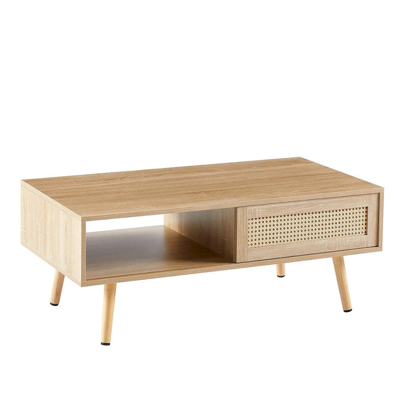 Table basse moderne, table basse rectangulaire en bois avec panneau de porte en rotin tressé et pieds en bois massif