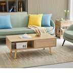 Table basse moderne, table basse rectangulaire en bois avec panneau de porte en rotin tressé et pieds en bois massif