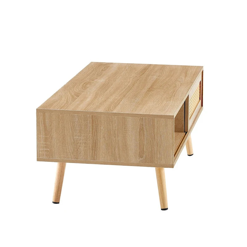Table basse moderne, table basse rectangulaire en bois avec panneau de porte en rotin tressé et pieds en bois massif