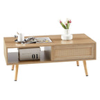 Table basse moderne, table basse rectangulaire en bois avec panneau de porte en rotin tressé et pieds en bois massif