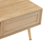 Table basse moderne, table basse rectangulaire en bois avec panneau de porte en rotin tressé et pieds en bois massif