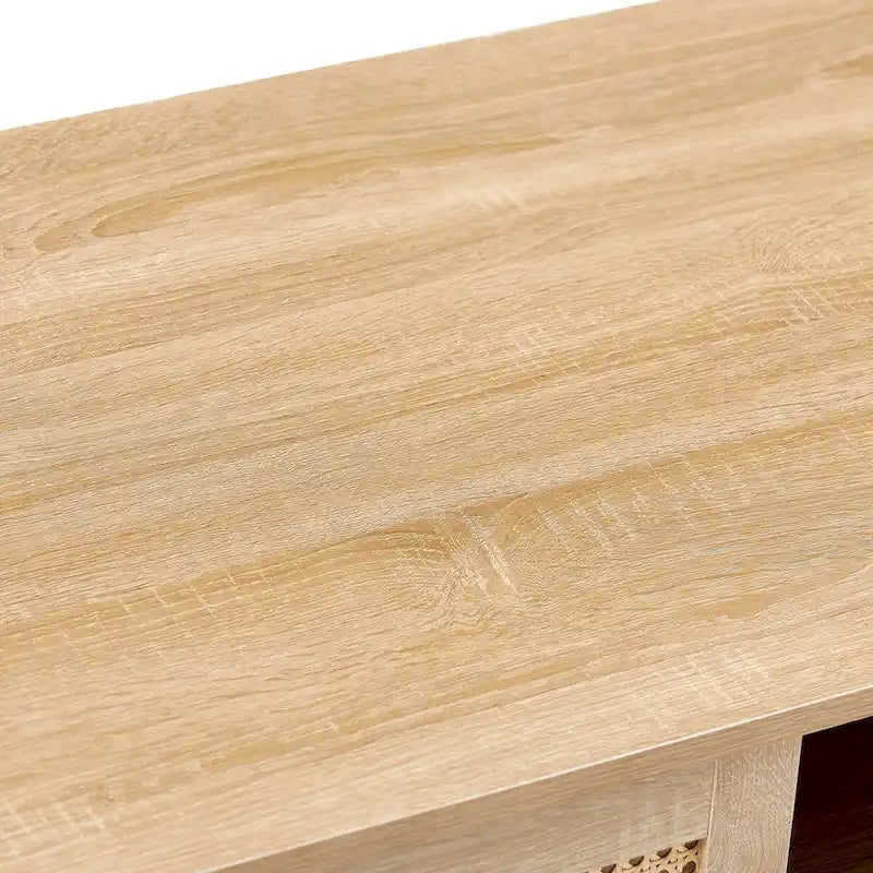 Table basse moderne, table basse rectangulaire en bois avec panneau de porte en rotin tressé et pieds en bois massif