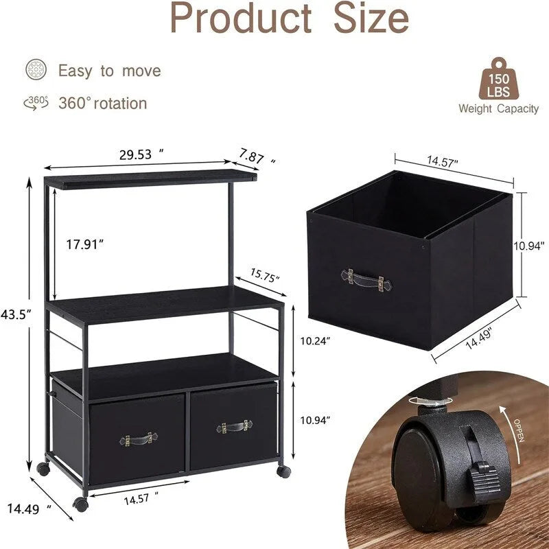Meuble à roulettes pour imprimante avec 3 étagères de rangement ouvertes - 40 P x 80 L x 110,5 H cm