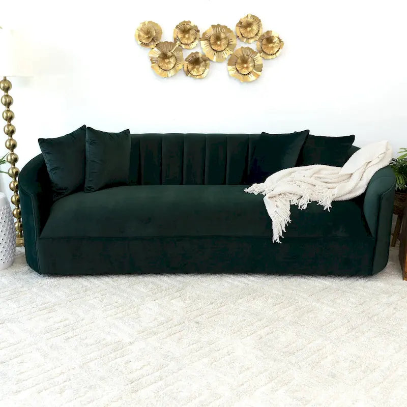Kanter Modern Japandi Style Tight Back Velvet Couch in Green